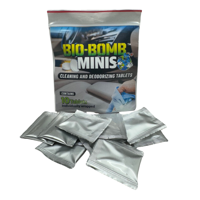 A collection of Bio-Bomb Minis cleaning and deodorizing tablets in different packaging sizes, with branding and product information visible.