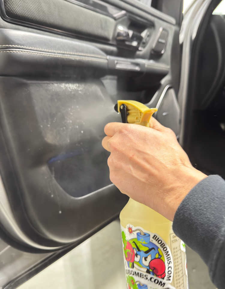 Cleaning a car door panel with Bio Bombs Minis
