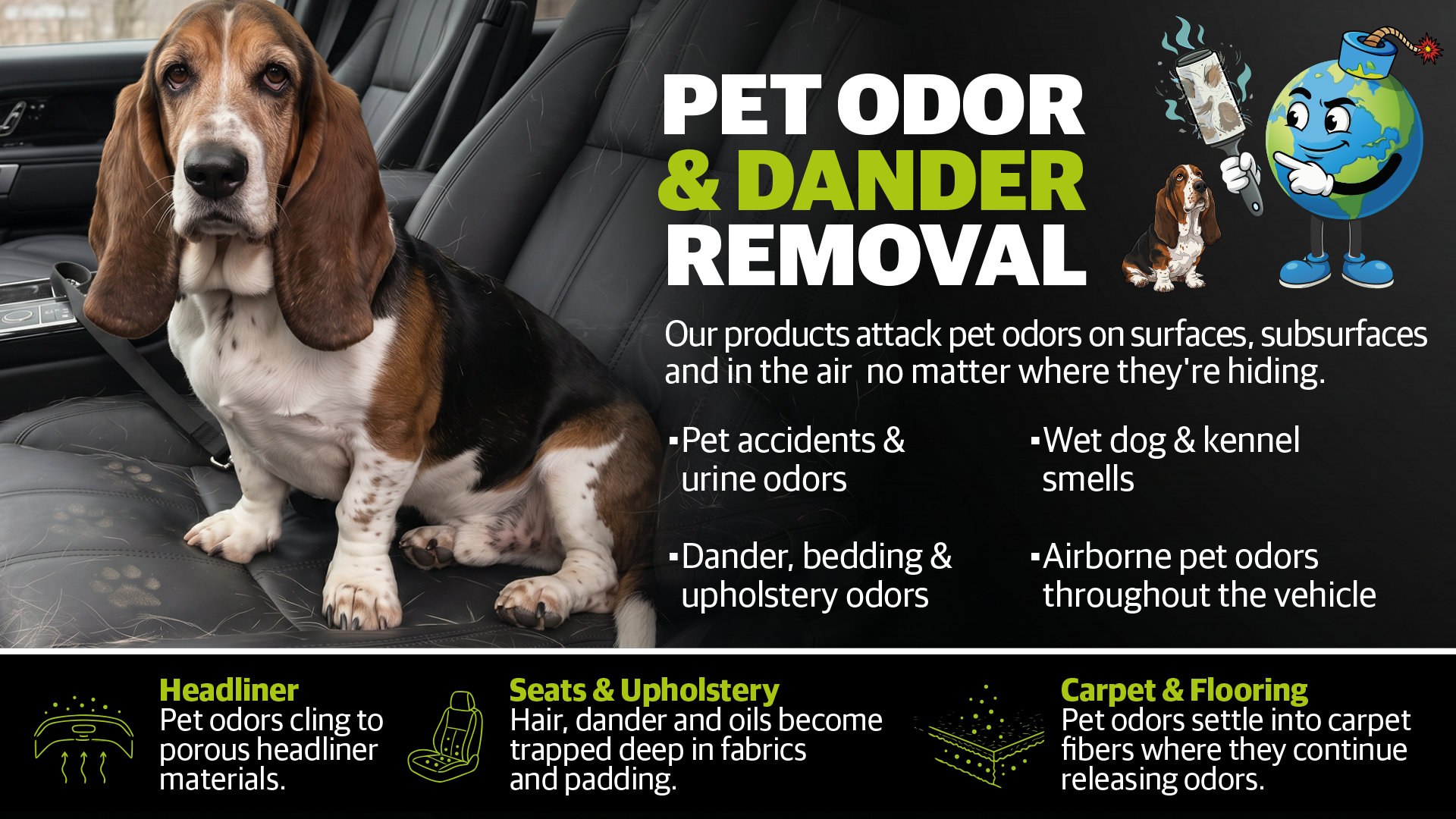 Pet odor and dander removal for cars from wet dogs, urine, and more