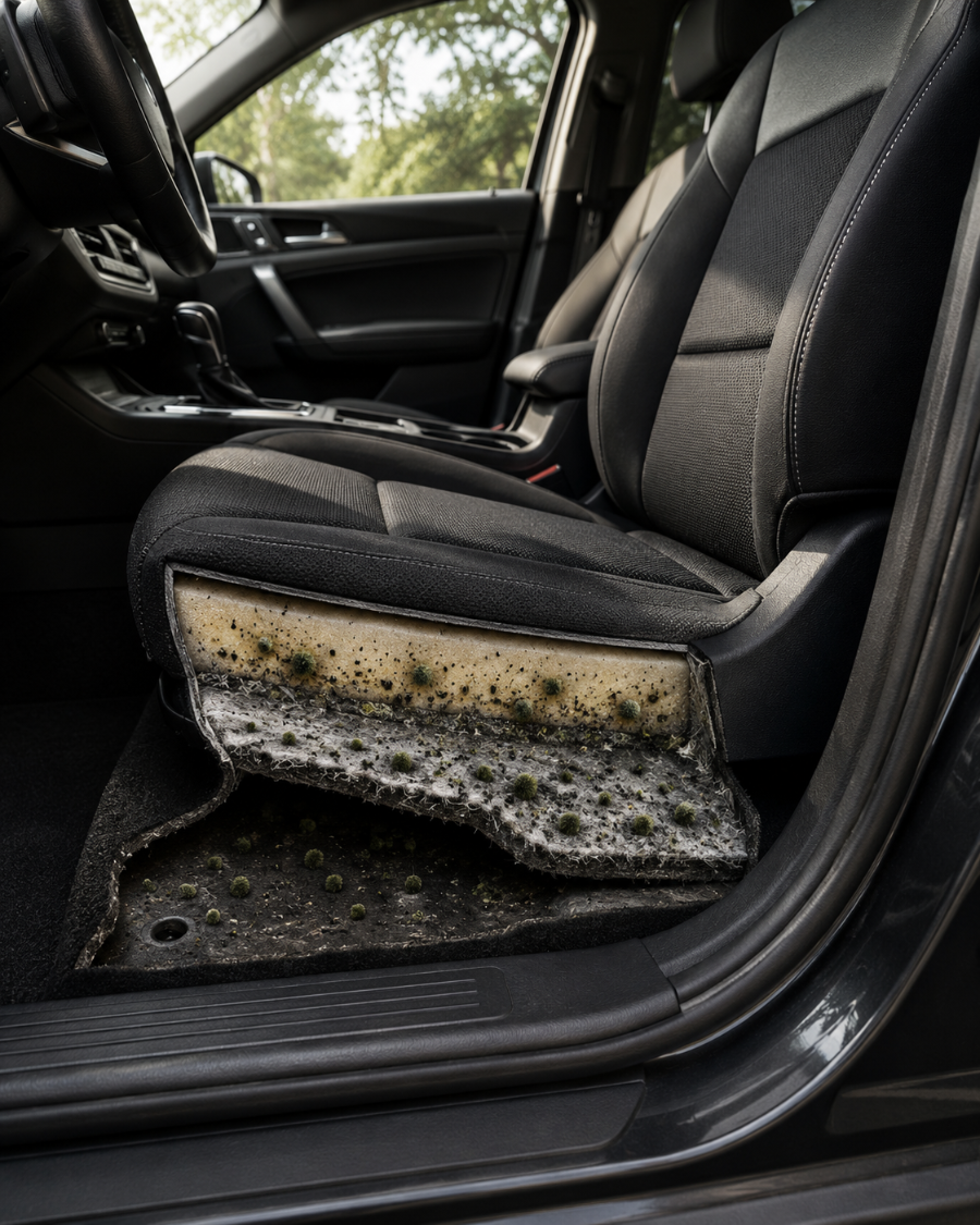 A close-up view of a dirty car seat with a heavily contaminated, moldy foam layer exposed between the seat cushion and the vehicle floor mat.