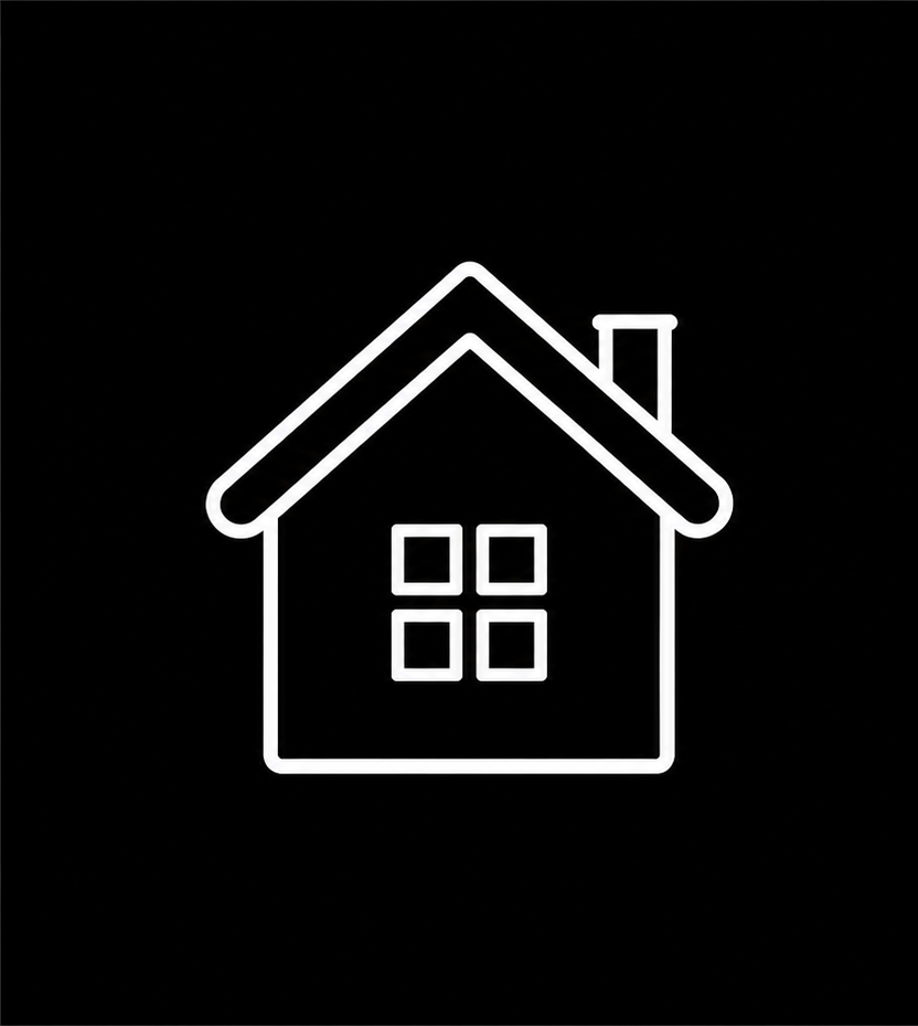 A minimalist white line icon of a house with a chimney and four window panes, centered on a solid black background.