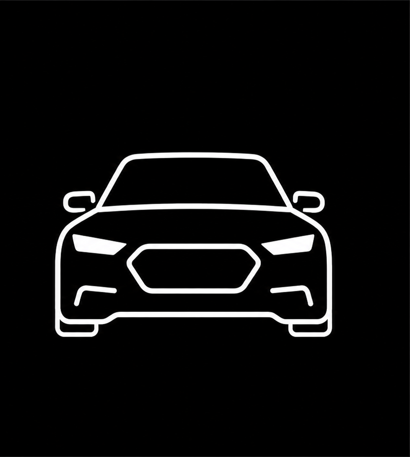 A minimalist white line art icon of a front-facing car on a solid black background.